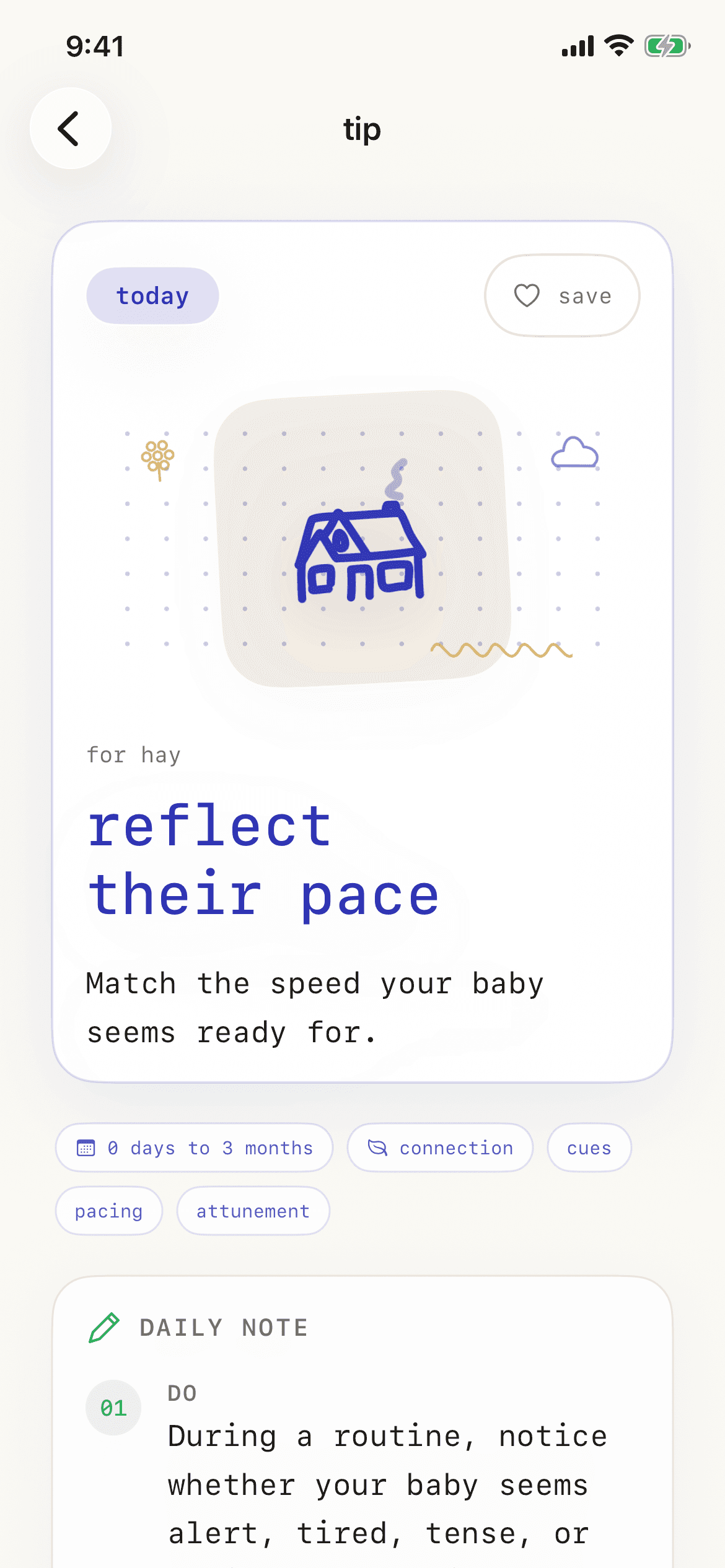 Kindo tip detail screen showing today's tip and daily note.